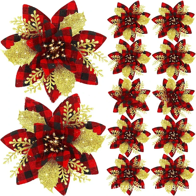 thumbnail image 1 of 14,5 cm, 5 piezas, rosa, plata, simulación de flores navideñas, árbol de Navidad, flores falsas, bricolaje, decoración navideña para el hogar, corona, regalo de Navidad, 1 of 5