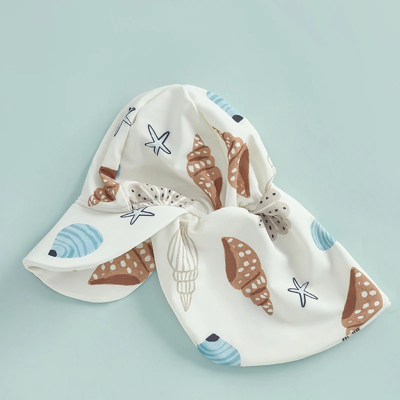 Toddler Boys Rash Guard Swimsuit Playsuits Seashell Print Zipper Short Sleeve Sun Protection Bathing Suit with Swim Cap