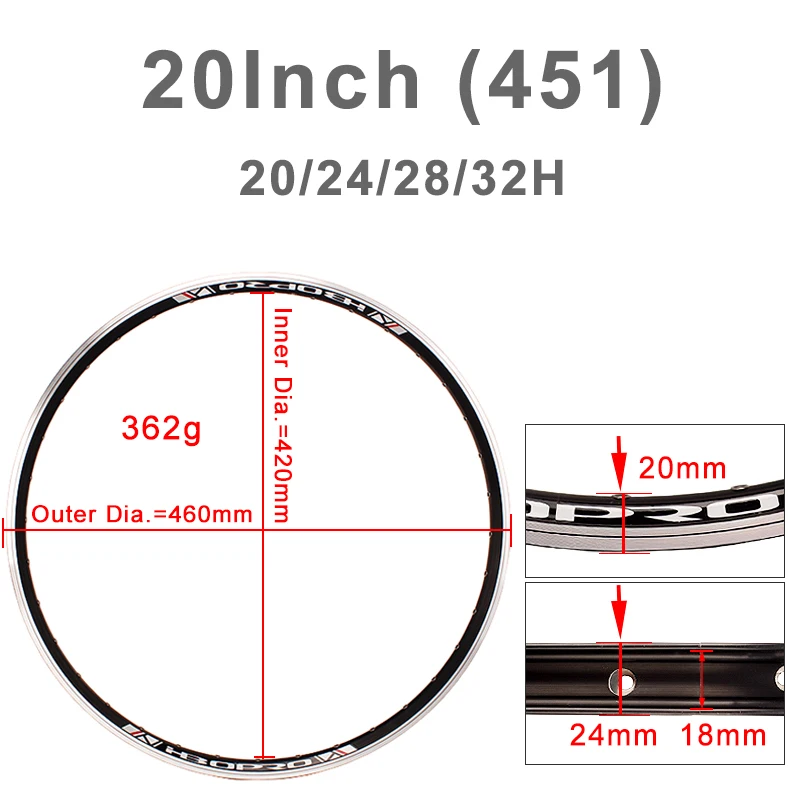 2 Pcs 20 Inch BMX 406 451 Bike Rim Folding Bike Aluminum Alloy Double Rim Schrader Valve 20H 24H 28H 32H 36H V Brake Customized