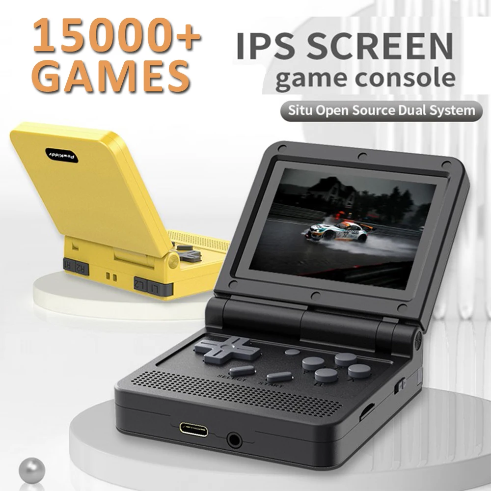 POWKIDDY V90 Mini Portable Flip Handheld Game Console Dual Open System 3 Inch IPS Screen Built