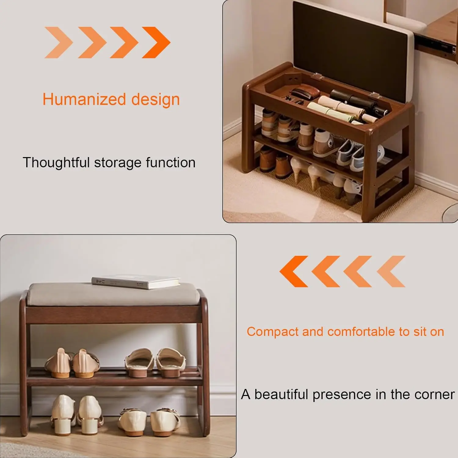 Solid Wood Bench, Entryway Shoe Bench with Cushion, 2-Tier Shoe Racks Bench, Modern Shoe Rack with Flip Top Storage Space