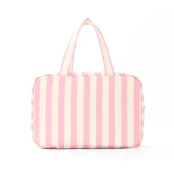 Striped Unisex Foldable Travel Toiletry Organizer with Hook - Large - Capacity and Portable for Cosmetics and Gym Essentials (Pink)