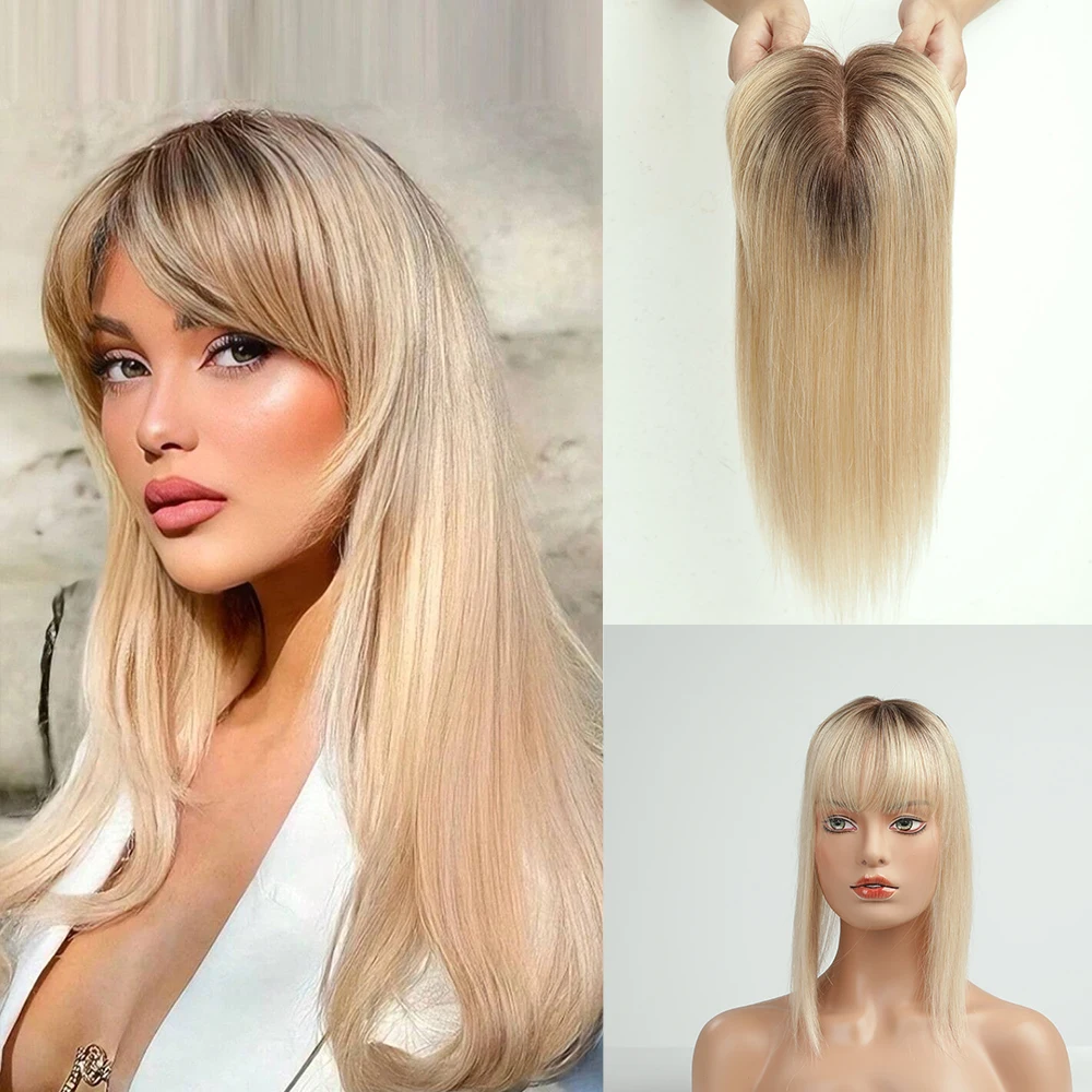 Human Hair Toppers Clips in Blonde Ombre Hairpieces Hair Toppers with Bangs Remy Human Extensions for Women 10/14 inches