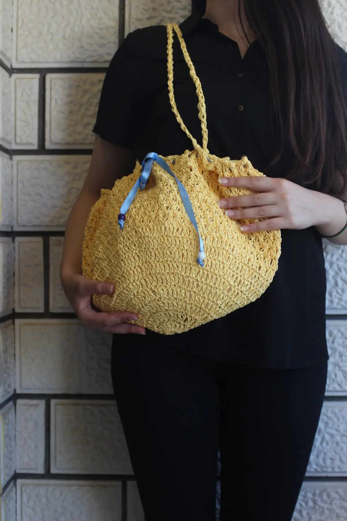 Borsa Da Spiaggia In Rete Di Corda Di Carta Gialla Fatta A Mano Uras-Borsa A Tracolla Da Donna "Pulcino" Fatta A Mano
