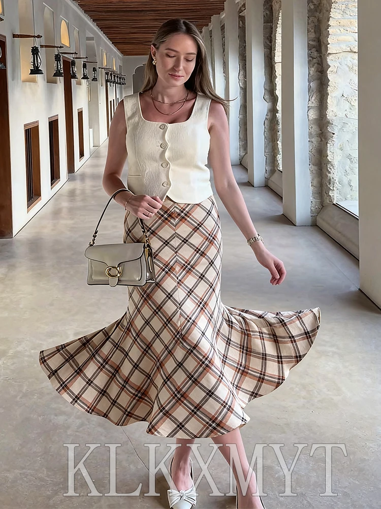 Women Vintage Printed Midi Skirt 2026 New Fashion Plaid Elegant Party Long Skirt Lady High Street Casual Skirts Mujer ﻿