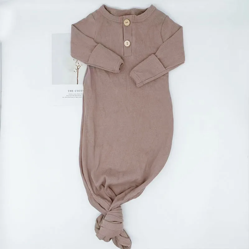 Comfortable Solid Color Baby Boys Ribbed Cotton Gowns Newborn Swaddle Blanket Knotted Sleeping Bag