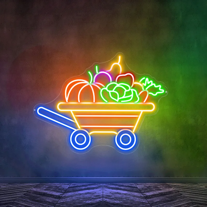 Custom Neon Sign Vegetable Cart Autumn Fall Decor Neon Signs Light Thanks Giving Home Decor Wall Hanging Luminous Neon Lights