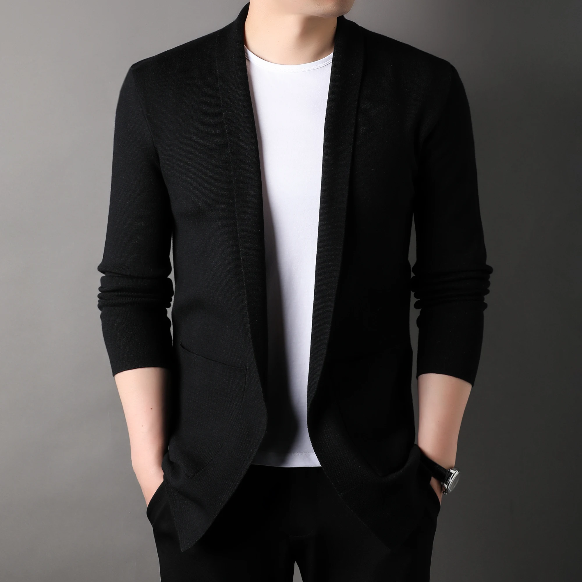 남성 단색 브이넥 니트 가디건, 한국 캐주얼 숄 스웨터, 패션 외투, 하이 엔드 브랜드, 2023 봄 가을 신상