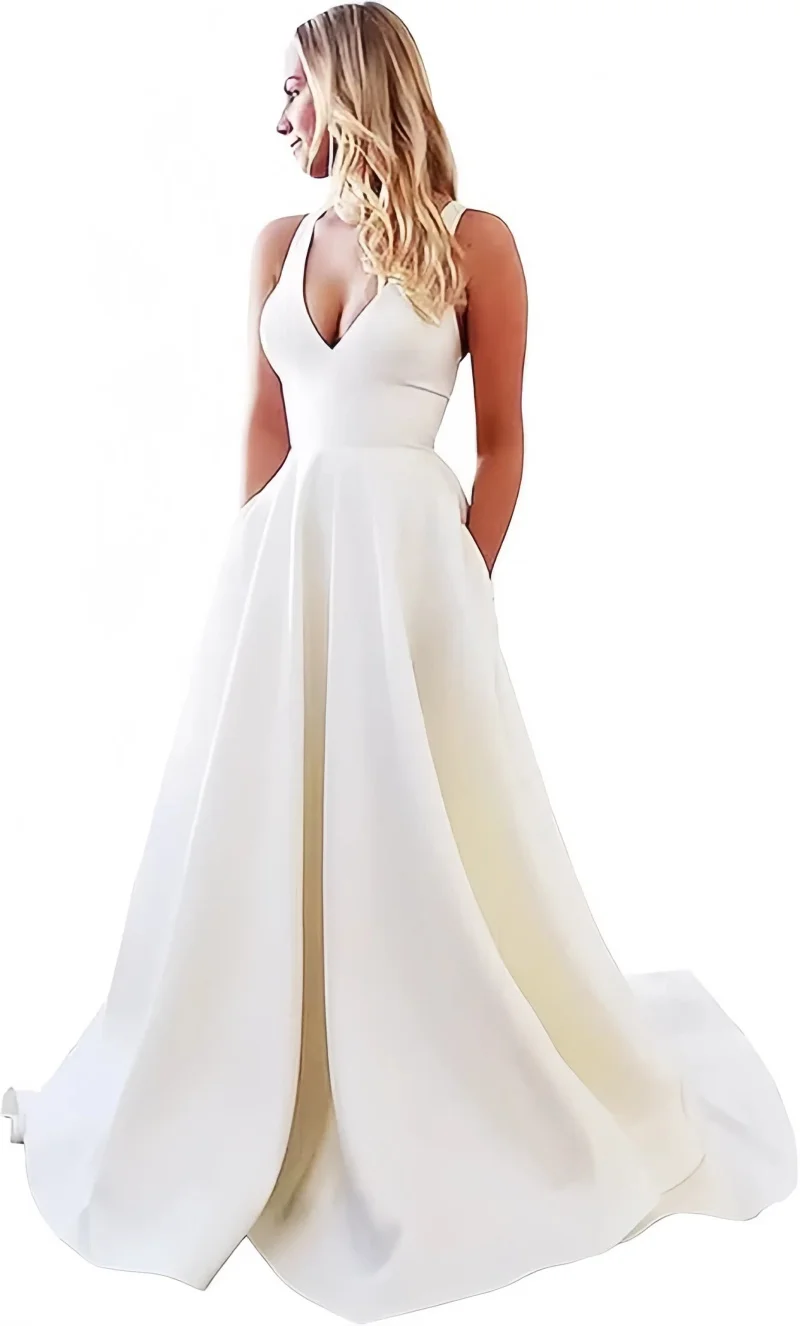 Spaghetti Strap Open Back Wedding Dresses Satin Simple Style Prom Dress V Neck Evening Gown Formal Party Dress with Bow 4
