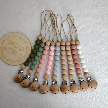Baby Pacifier Clip Wood Color Silicone Bead Infant Teether Soother Anti-drop Chain Newborn Safe Teething Toy Dummy Nipple Holder 1