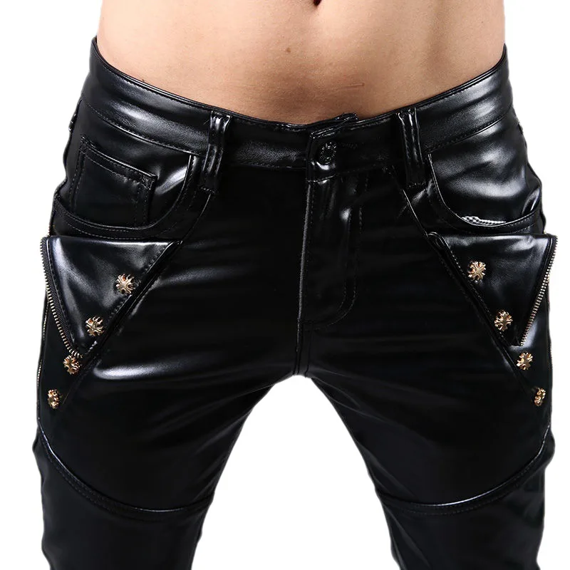 Leather Pants Skinny Pants Casual Men's Slim Korean Version Trend Leather Pants Motorcycle Small Foot Plus Velvet Warm
