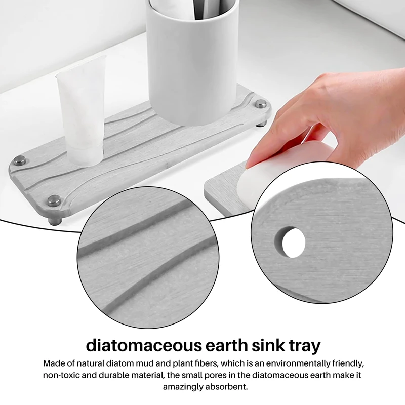 Sink Tray With Grooves,Stainless Steel Feet With Rubber Bottom Water Absorbing Stone Used For Toiletries Light Grey 2