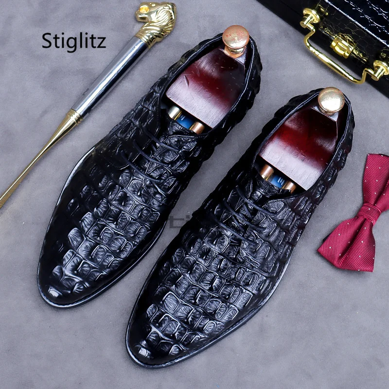 

Crocodile Pattern Lace Up Oxfords Shoes for Men Round Toe Shallow Genuine Leather Men's Business Casual Formal Shoes Male