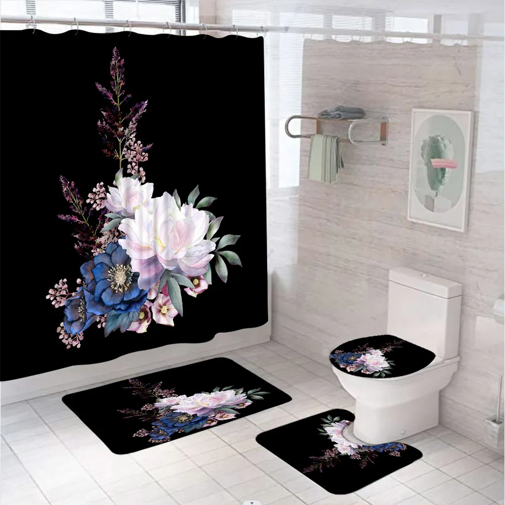 Flowers Plant Shower Curtain Sets Bathroom Decor Screen Watercolor Leaves Blue Pink Floral Carpet Rug Bath Mat Toilet Seat Cover