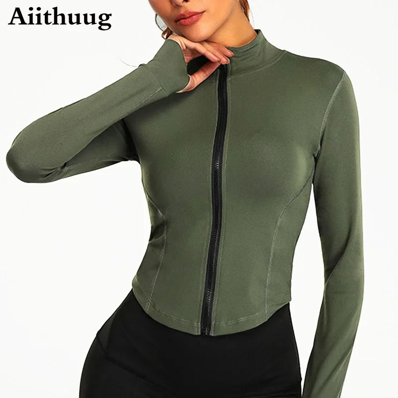 Aiithuug Women Full Zip-up Yoga Top Workout Running Jackets with Thumb Holes Stretchy Fitted Long Sleeve Crop Tops Activewear sports jacket yoga top yoga jacket