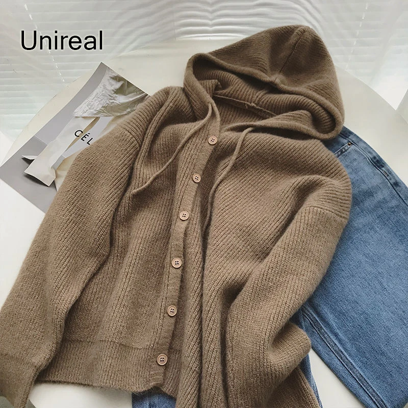 

Unireal 2022 Autumn Streetwear Women Knitted Cardigan Loose Casual Fashion Female Hooded Sweater