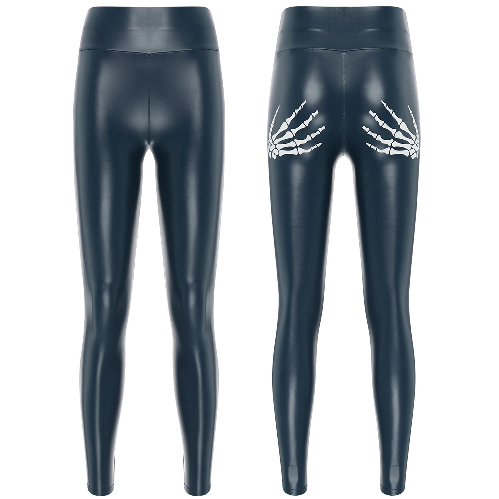 thumbnail image 1 of Pantalones de cintura alta con estampado de mano de esqueleto para mujer, mallas elásticas de piel sintética, ropa para discoteca y discoteca, pantalones de cuero con Control de barriga, 1 of 5