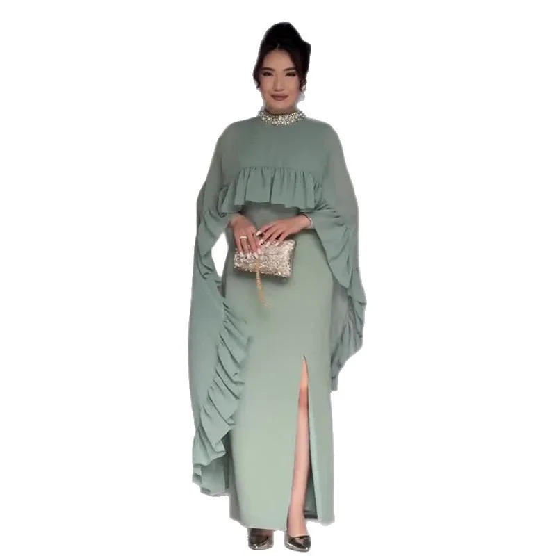 Abito lungo Abito da donna Scialle Abiti da cerimonia Set Ruffles Pieghe Split Abiti Party Vestito estivo Abiti eleganti femminili Abito maxi - immagine 3