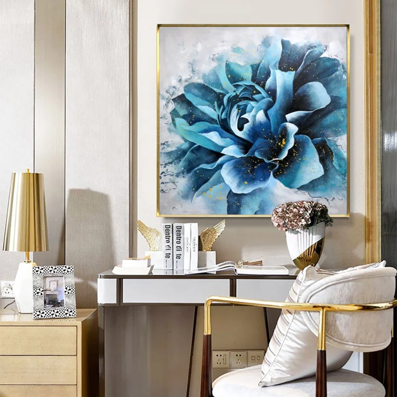 Vintage Blue Gold Flowers Canvas Painting Abstract Blooming Life Botanical Handmade Paint Wall Art Picture Classic Art Painting