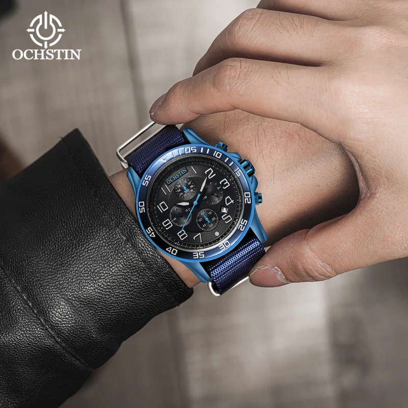 Blue Delicate OCHSTIN Luxury Casual Quartz Watch Men Four Hand Dial Strap Watch Men Fashion Quality Mens Watch Relogio Masculino