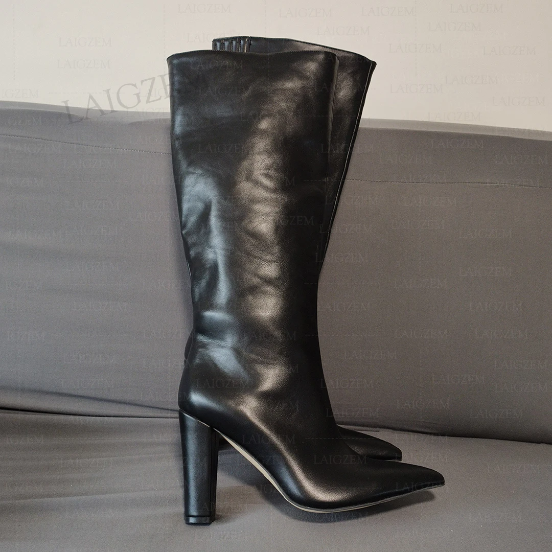

LAIGZEM Women Knee High Boots Pull On Pointed Toe Thick High Heels Faux Leather Tall Boots Ladies Shoes Woman Big Size 44 46 47
