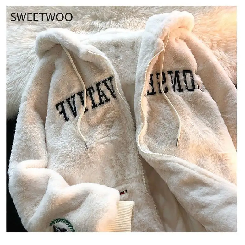 Lamb Plush Winter Clothes Women Vintage Letter Embroidery Thickened Sweatshirt Women Tops Loose and Lazy Hoodies Women Coat 2022
