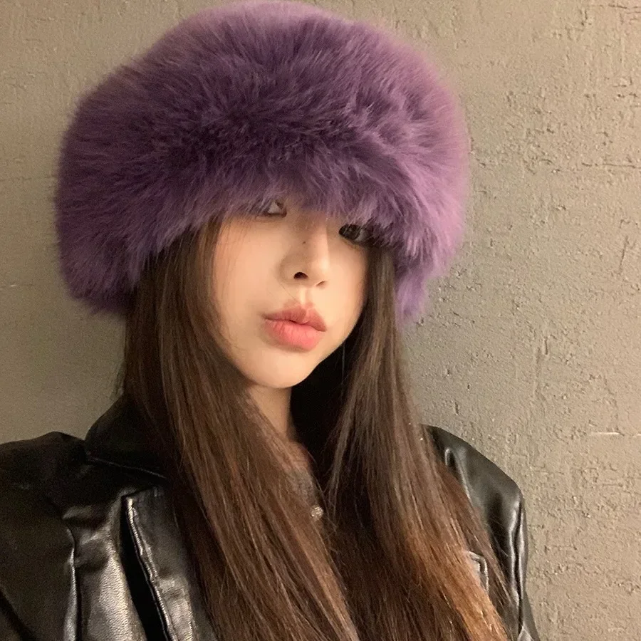Women's Winter Warm Fur Cap Fashion Hat Plush Ear Protection Hat Brimless Plush Fluffy Skiing Riding Caps Basin Cap Bomber Hats winter hat fur hat