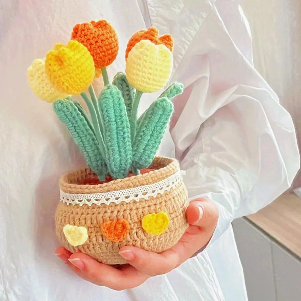 

Crochet Potted Flower Decoration Handmade Colorful Tulip Rose Shape Woolen Yarn Hand-knitted Flower Desktop Ornament Birthday