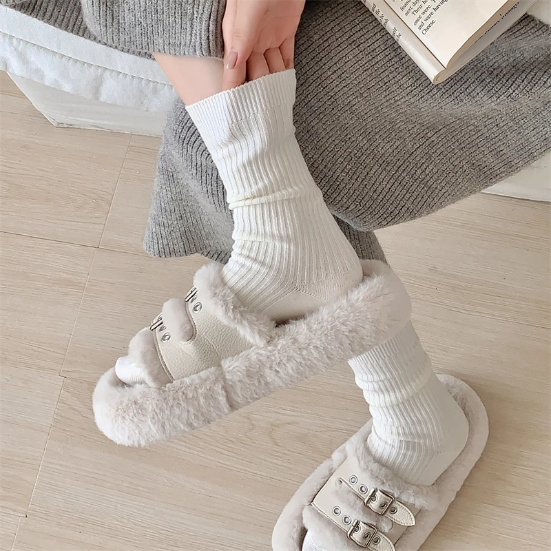 Retro Women Socks Japanese Style Autumn Solid Color Warm Home Simple Crew Socks Girls Breathable Casual Striped Loose