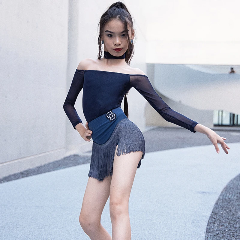 

New Kids Chacha Samba Rumba Ballroom Dance Clothes Long Sleeved Latin Top Fringes Skirts Girls Latin Dance Costumes DWY9626