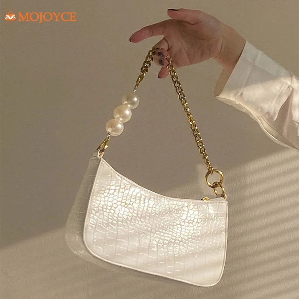 

2023 New Crocodile Pattern Women Shoulder Bags Fashion Pearl Chain Small Totes Bag Vintage Underarm Bags Ladies Clutch Hobo Bags