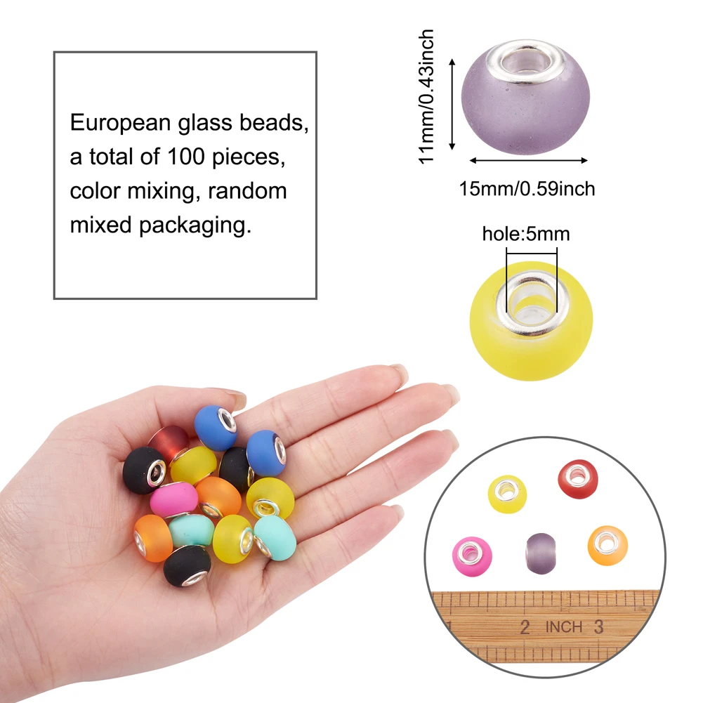 100pcs 15mm Glass European Beads Large Hole Beads Mixed Color Rondelle for Jewelry Making DIY Bracelet Necklace