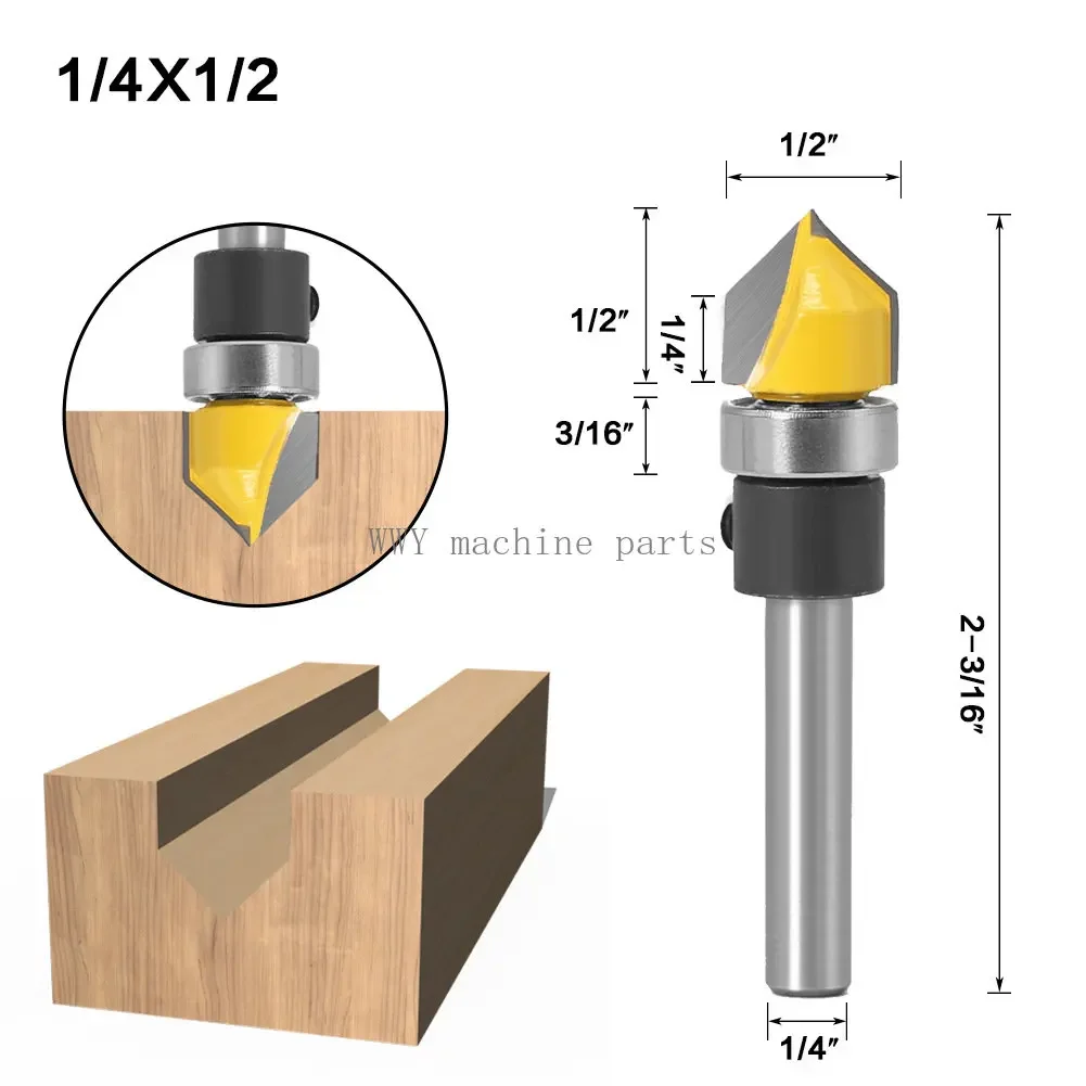 

6 Piece Set of 1/4 Handle Imitation Slotting Cutter Bearing Slotting C V Type Knife Corner Cutter Slotting Cutter for Woodw