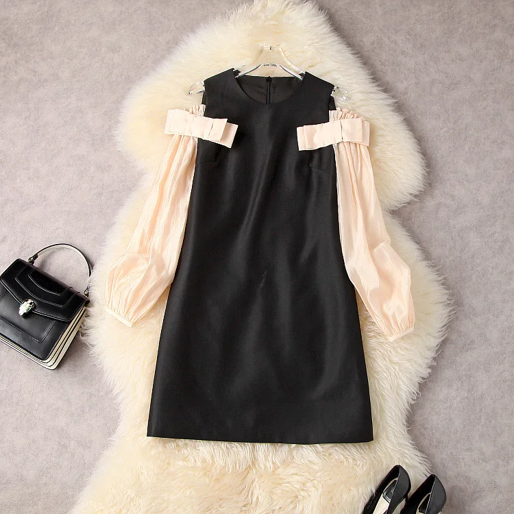 

European and American women's wear spring 2022 new Long sleeve shoulder bowknot Mosaic clash color Fashion dress