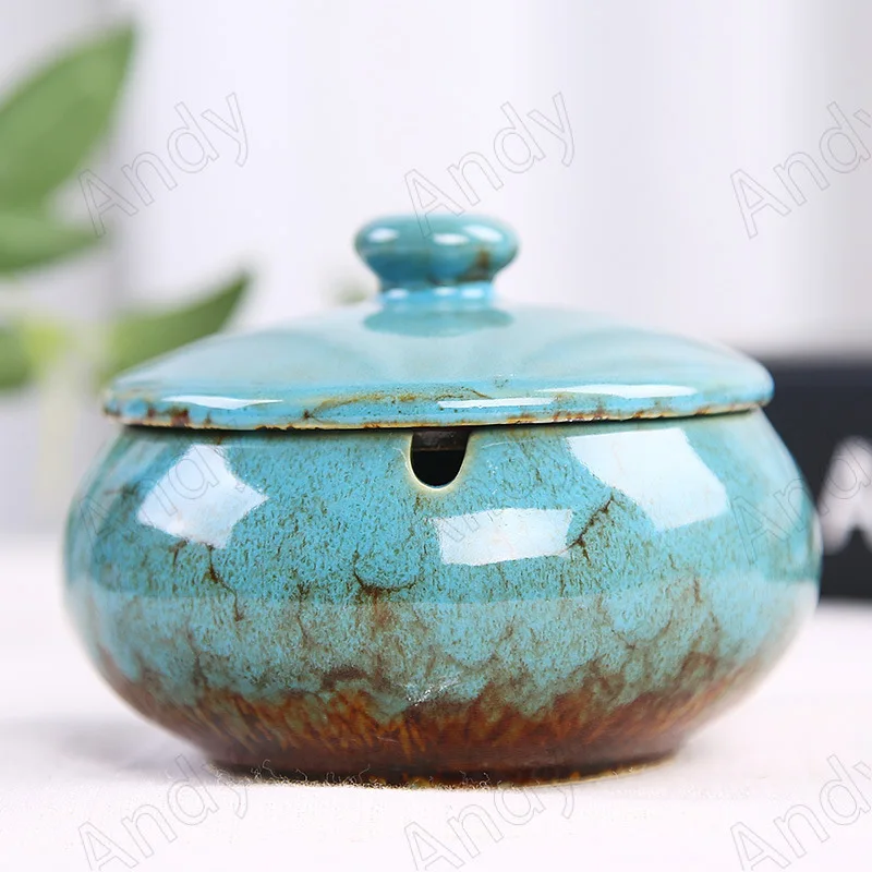 European Ceramic Ashtray with Lid Creative Kiln Change Glaze Decorative Desktop Ashtrays Living Room Retro Ash Tray Ornaments ceramic ashtray cigarettes ashtray