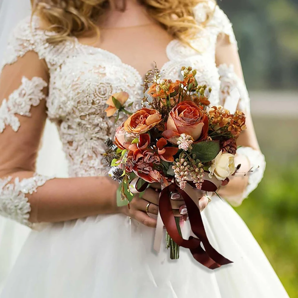 Bouquet Da Sposa Fiori Di Seta: Elegante Bouquet Da Sposa Artificiale Champagne Da 25 Cm, Rosa Cipria Avorio Stile Sposa Boho Feste Quinceaneras Da 29,64 € | DHgate
