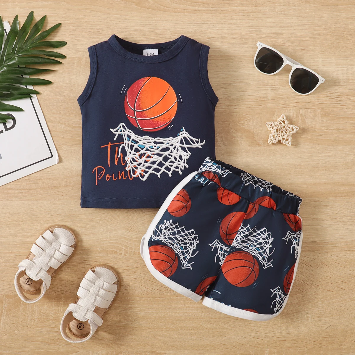 

PatPat 2pcs Baby Boy 95% Cotton Basketball Print Tank Top and Shorts Set