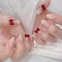 24PCS Cute Red Bowknot Short Oval Press on Nail with Glue Cartoon Cat Glossy French Fake Nails for Girls Wearable Ins Nail Tools 1