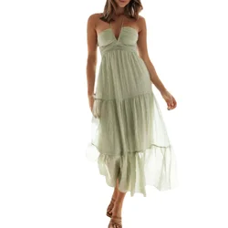 Women's Summer Boho Floral Chiffon Maxi Dress - M (Solid Green)