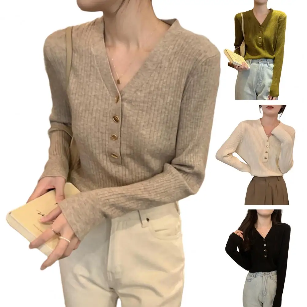

2023 Autumn Women Buttons Up Long Sleeve T Shirts Korean Style Casual Vintage Tops Slim Fit Thin Knitted O Neck T-shirt