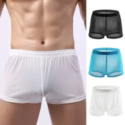 Soutong See Through Men Underpants Solid Color Mesh Yarn Mid Waist Transparent Thin Boxer Underwear for Daily Wear Boxers
