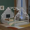 Full Size House Bed for Kids,LED Light Toddler Floor Bed with Fence and Window, Toddler Bed Frame for Girls Boys Kids 1