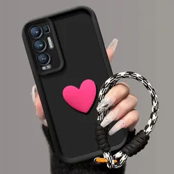 Love Heart 3D Wrist Strap Phone Case with Bumper Cover for Oppo Find X3 Neo (Rose Black)
