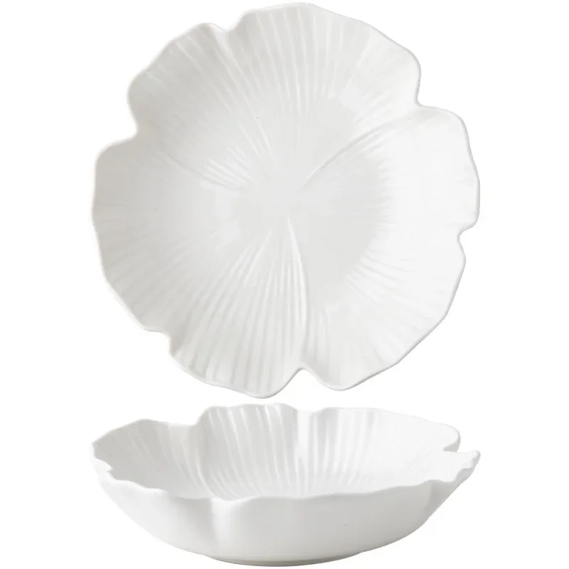 Nordic Kitchen Ceramic Dinner Plates White Embossed Flowers 8-inch Salad Plates Food Soup Pasta Dinners Dishes Bowl Tableware