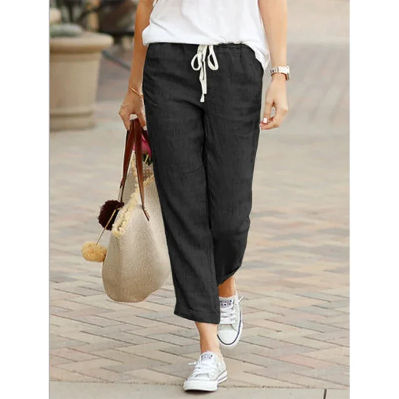 Solid Color Drawstring Elastic Waist Women Long Pants Loose Fit Plus Size Pockets All-Match Comfortable Straight Lady Trousers 1