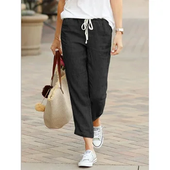 Solid Color Drawstring Elastic Waist Women Long Pants Loose Fit Plus Size Pockets All-Match Comfortable Straight Lady Trousers 1