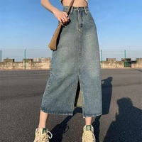 Summer New High-waist Slit Denim Skirt For Women Washed Retro A- line Skirt Hip-covering Straight Long Skirt - Image 4