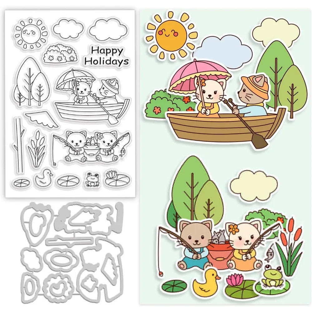 

Cat Fishing Cut Dies and Clear Stamp Sun Boat Tree Embossing Template and Silicone Stamp for Card Scrapbooking Card Making