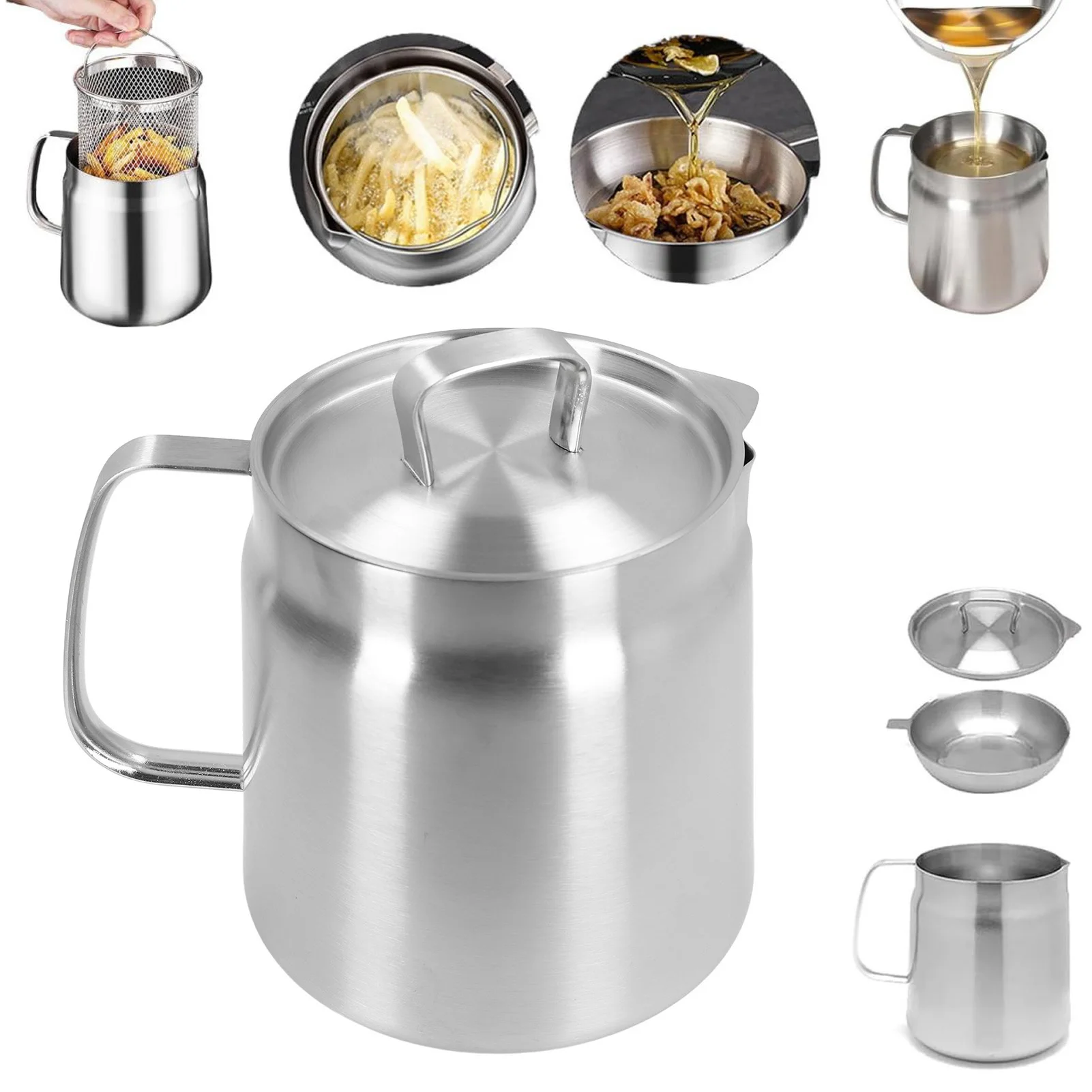 1.5L/2L Oil Strainer Pot 304 Stainless Steel Oil Residue Separator Ergonomic Handle Large Capacity Separation Bottle