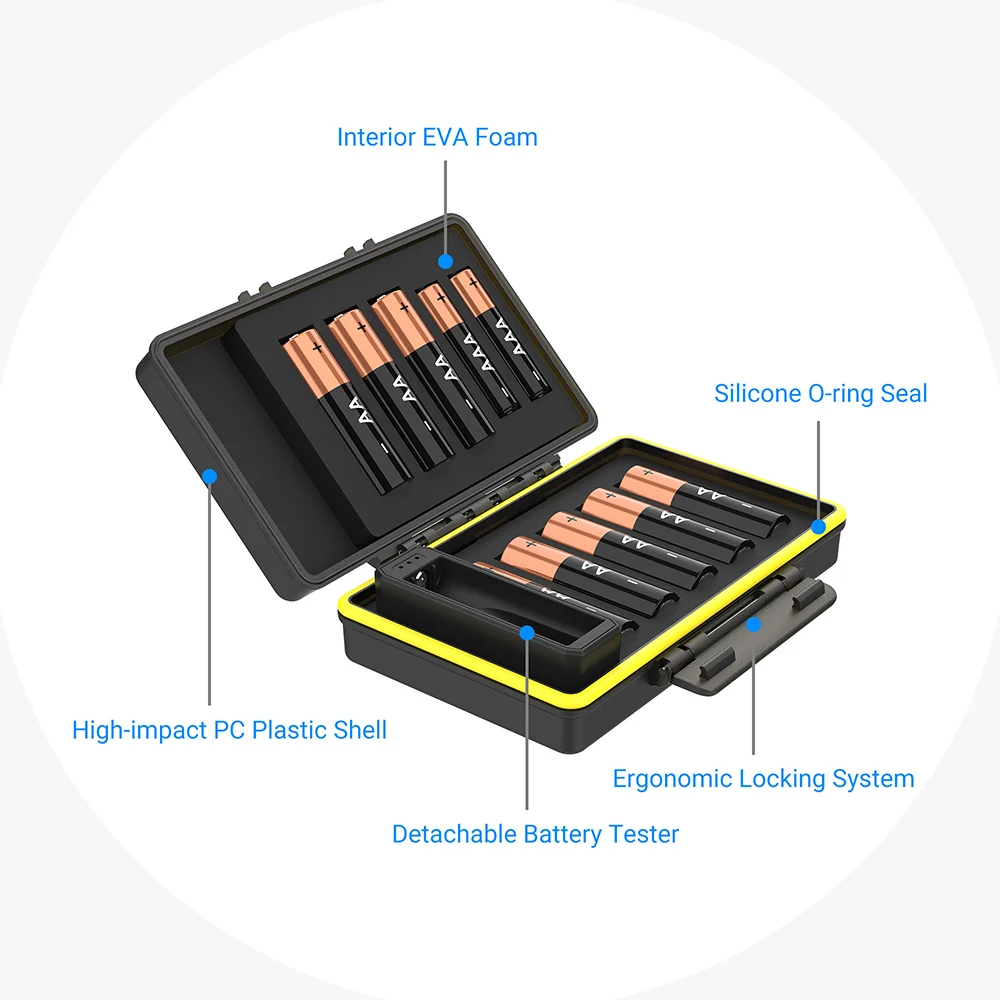 coin battery JJC Deluxe AA/AAA Battery Case Box Holder with Battery Tester Weterproof Hard Shell Organizer for 8 AA & 2 AAA/14500 Batteries rechargeable battery pack